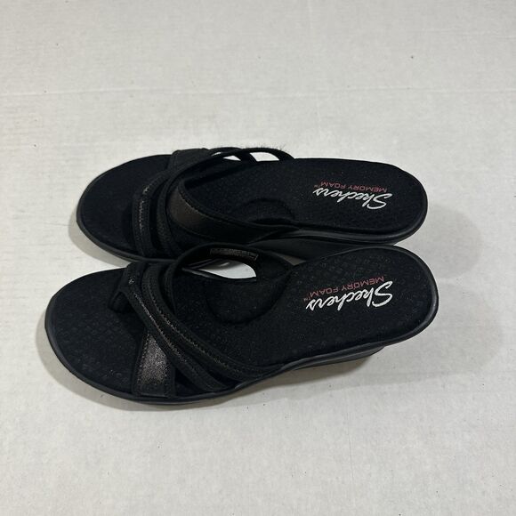 Skechers Womens Sz 9 Memory Foam Sandals Black Heel Wedge Slip On Strappy - Picture 8 of 16